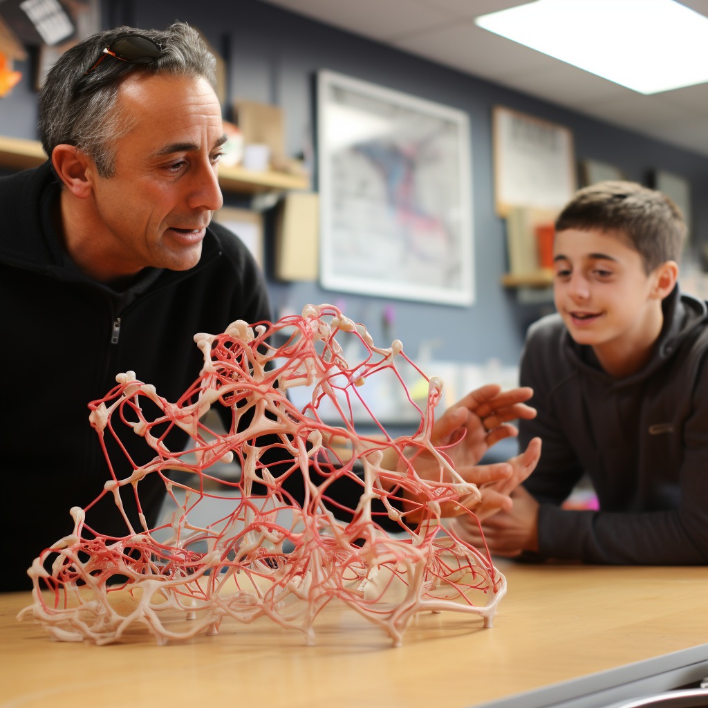 Inštruktor razlaga strukturo encima študentu s pomočjo 3D modela.