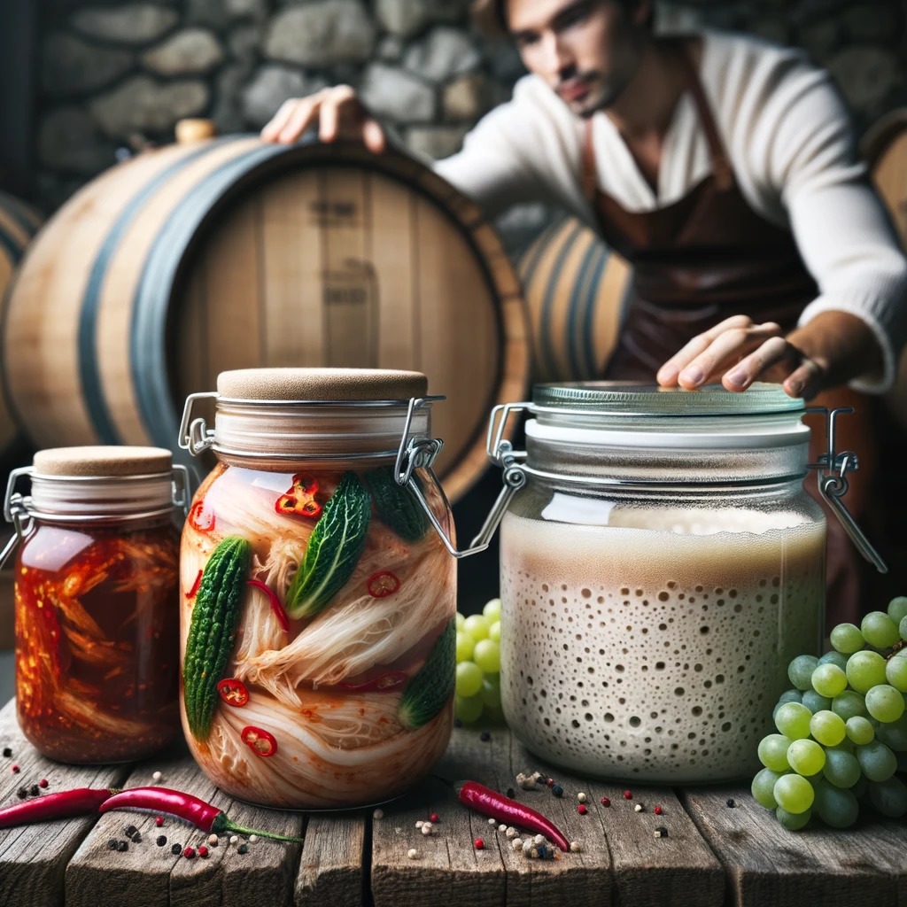 Prikaz raznolikih fermentiranih živil in napitkov, ki odgovarjajo na vprašanje, kaj je fermentacija.