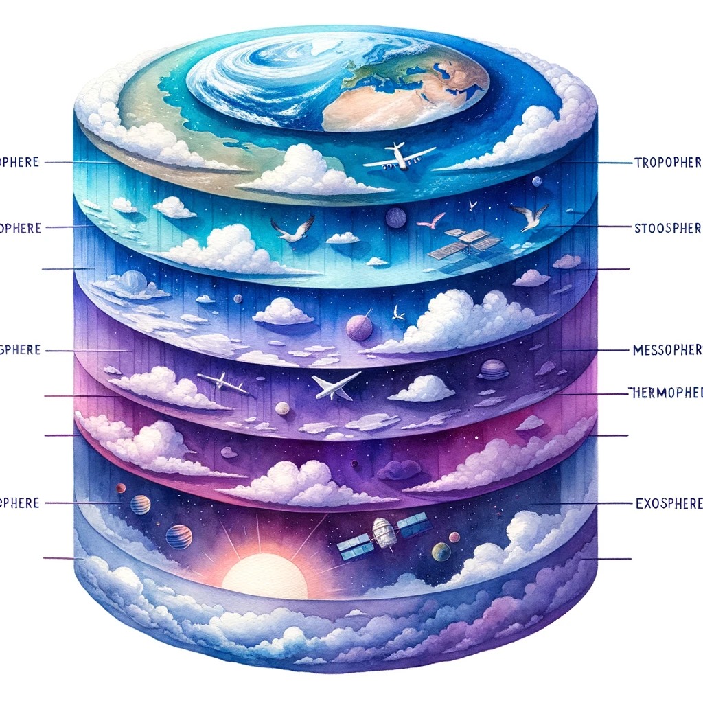 Diagram, ki prikazuje plasti Zemljine atmosfere v učnem priročniku 'Kaj je zrak'.