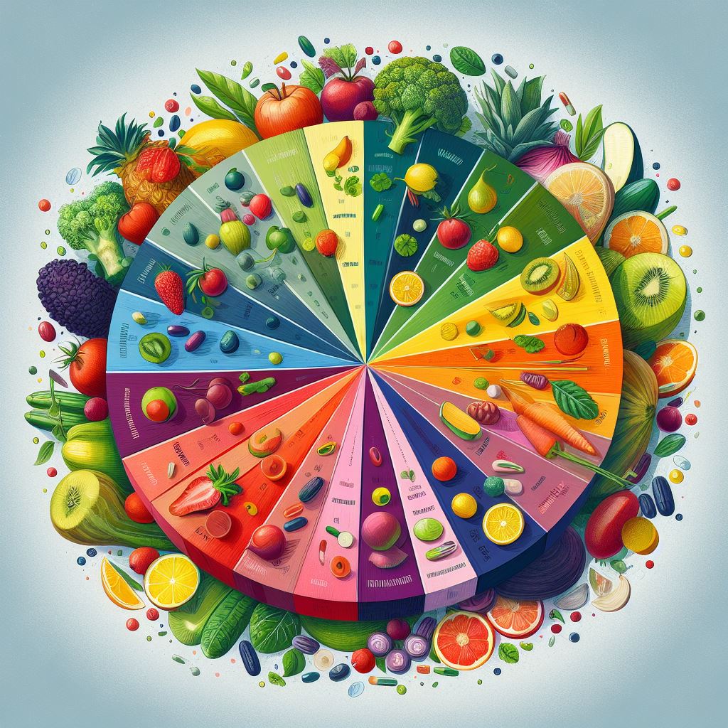 Slika, na kateri so različni vitamini v kemiji in sadju